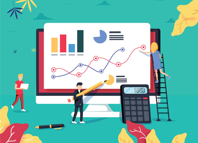 ROI concept. Return on investment. ROI business marketing. Profit income. Businessman managing financial chart. Vector illustration flat design. Isolated on white background. Analysis data.